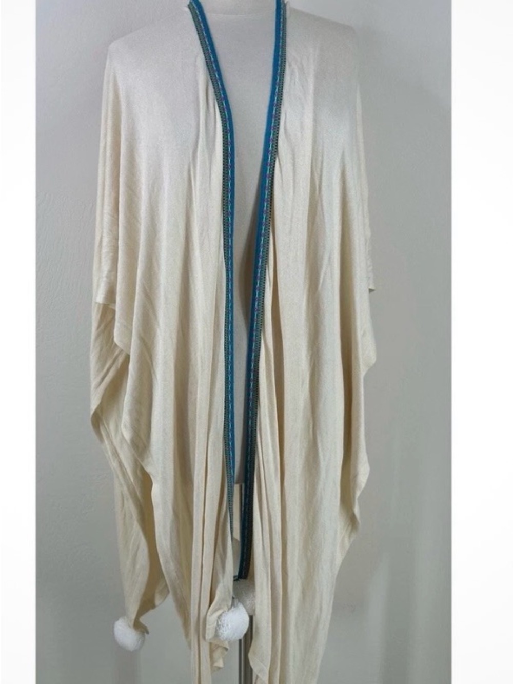 Pitusa Cream Pom-Trim Decorative Throw Shawl with Blue Trim